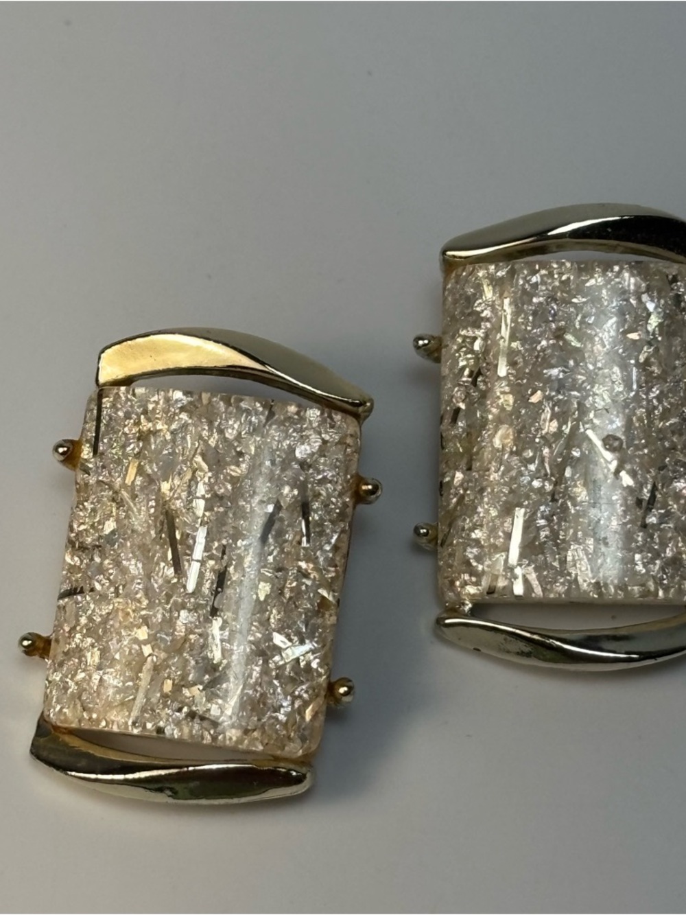 Clear Lucite Shimmer Rectangle Clip-On Earrings Signed Tara